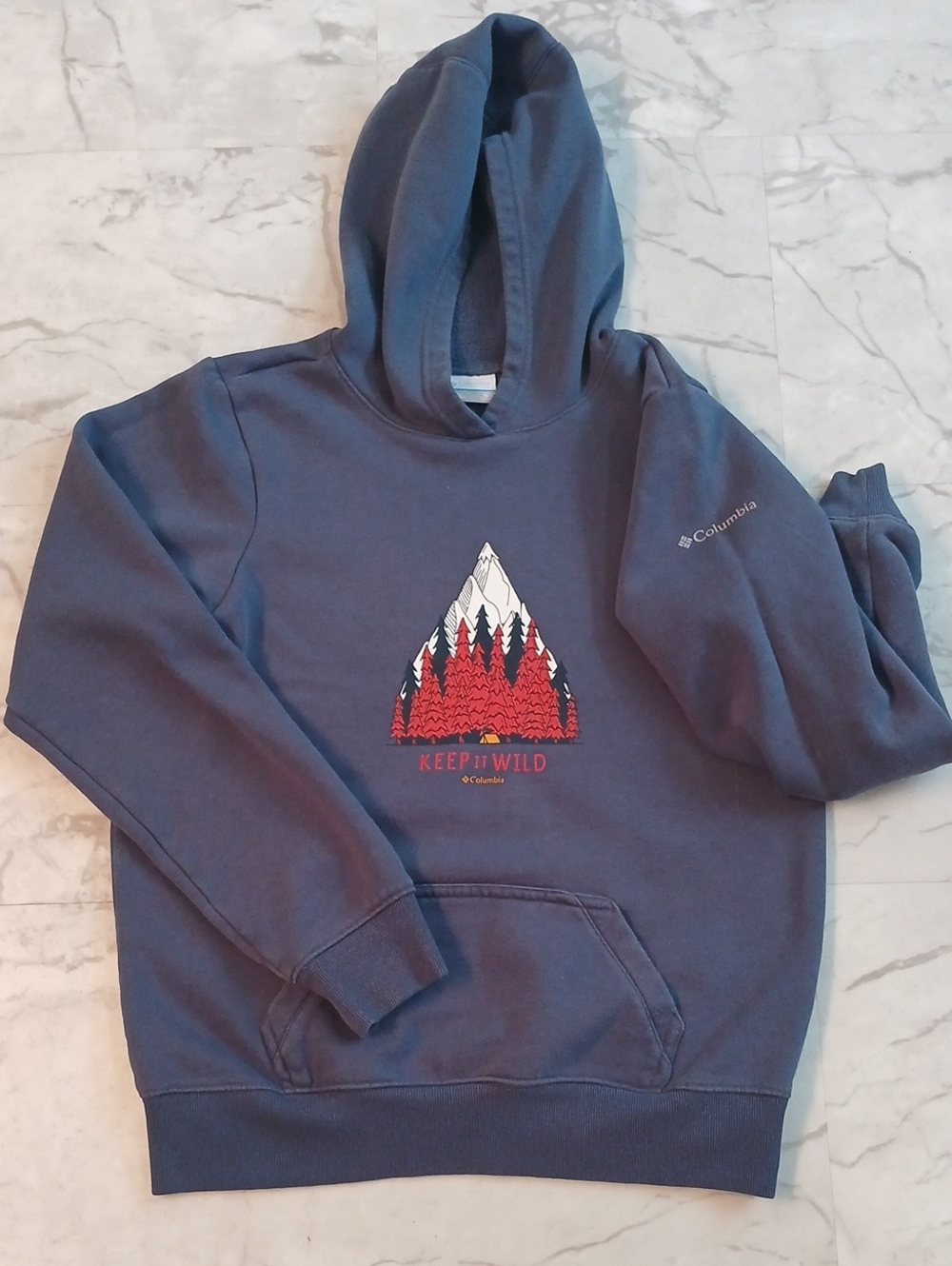 Columbia Slate Blue Hoodie with Red Mountain Graphic Youth
